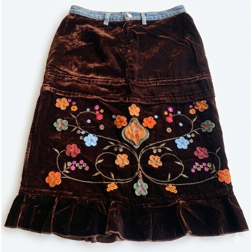 Levi Stratus Ruth Velvet Floral Embroidered Midi Skirt Denim Ruffle Hem M Retro - Picture 2 of 5